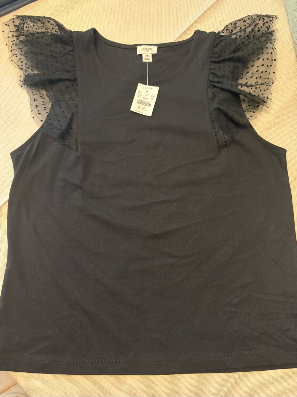 J. Crew Black Sheer Dot Ruffle Sleeve Tank - Picture 3 of 7